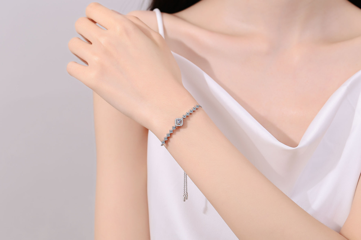 925 Sterling Silver Adjustable Square Moissanite Bracelet for Women Girl