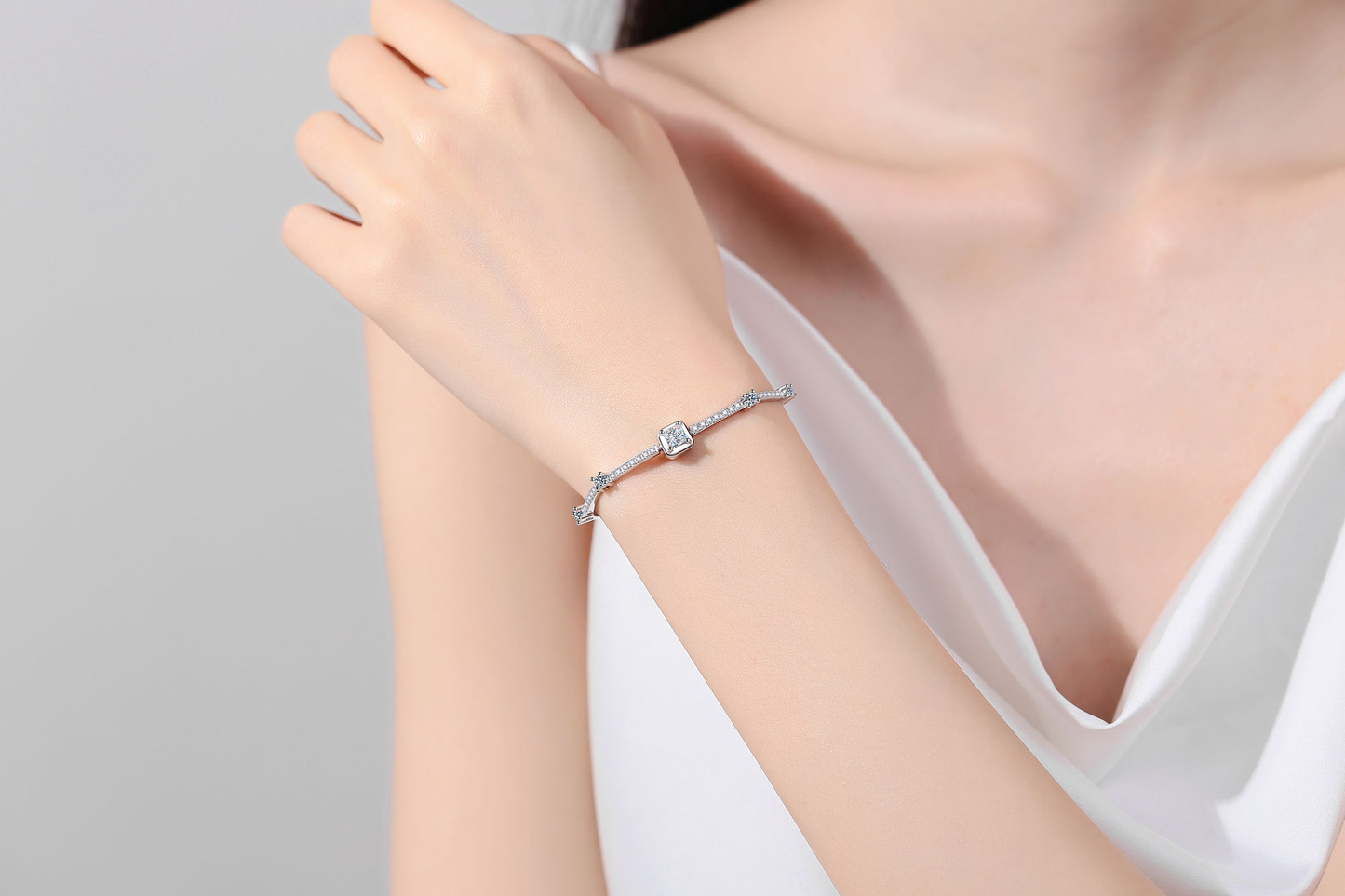 925 Sterling Silver Princess Moissanite Bracelet with Extension Chain for Women Girl