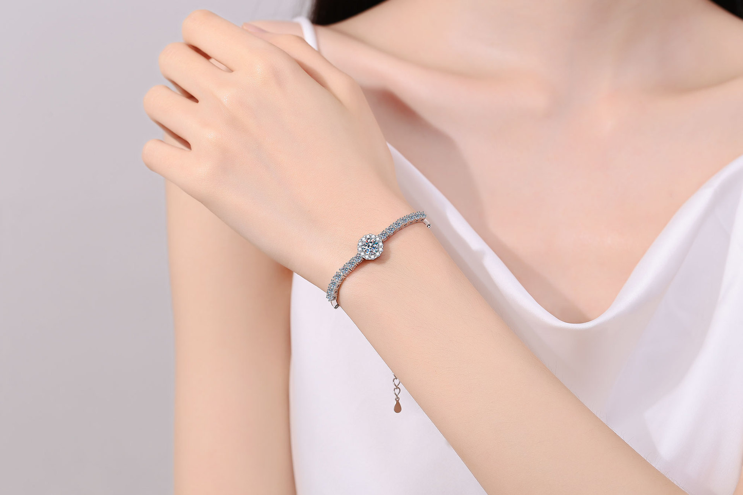 925 Sterling Silver Round Moissanite Bracelet with Extension Chain for Women Girl