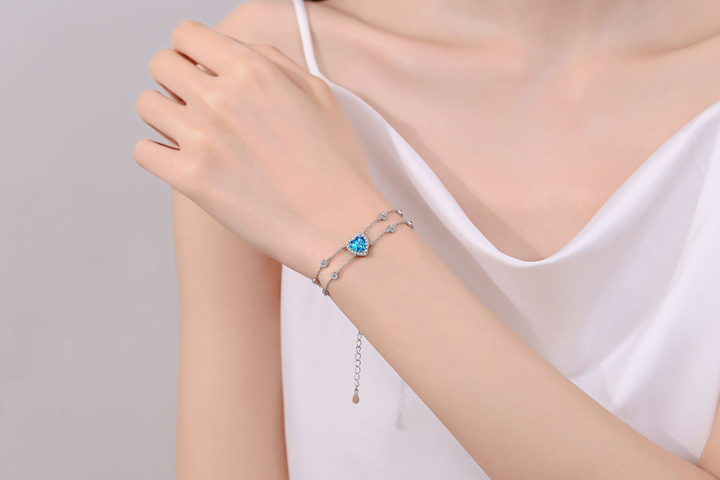 925 Sterling Silver Heart Moissanite Two layers Bracelet with Extension Chain for Women Girl