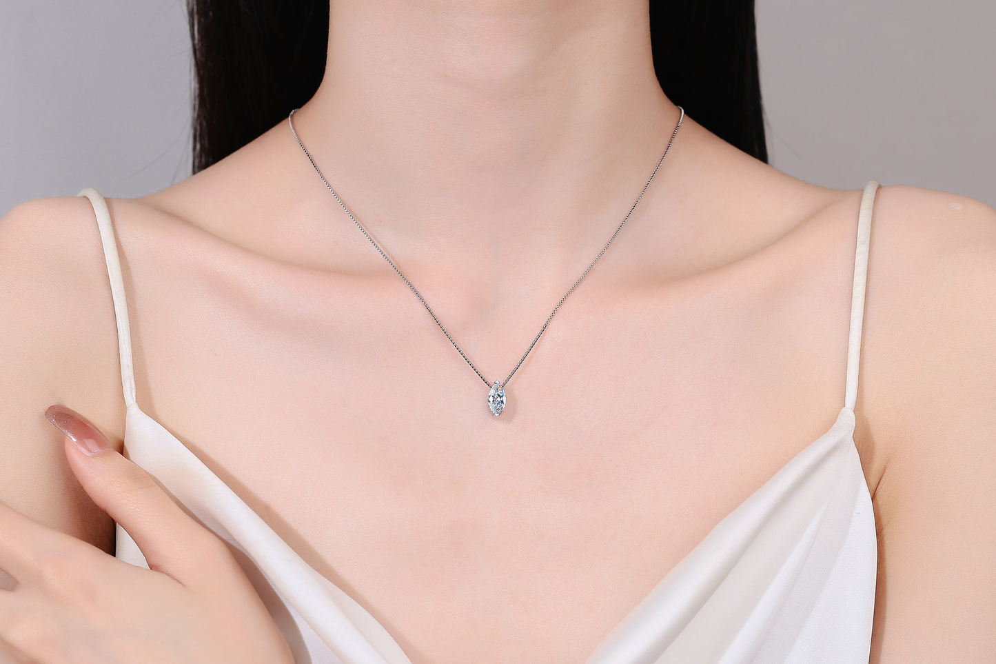 925 Sterling Silver Marquise Moissanite With Box Chain Necklace