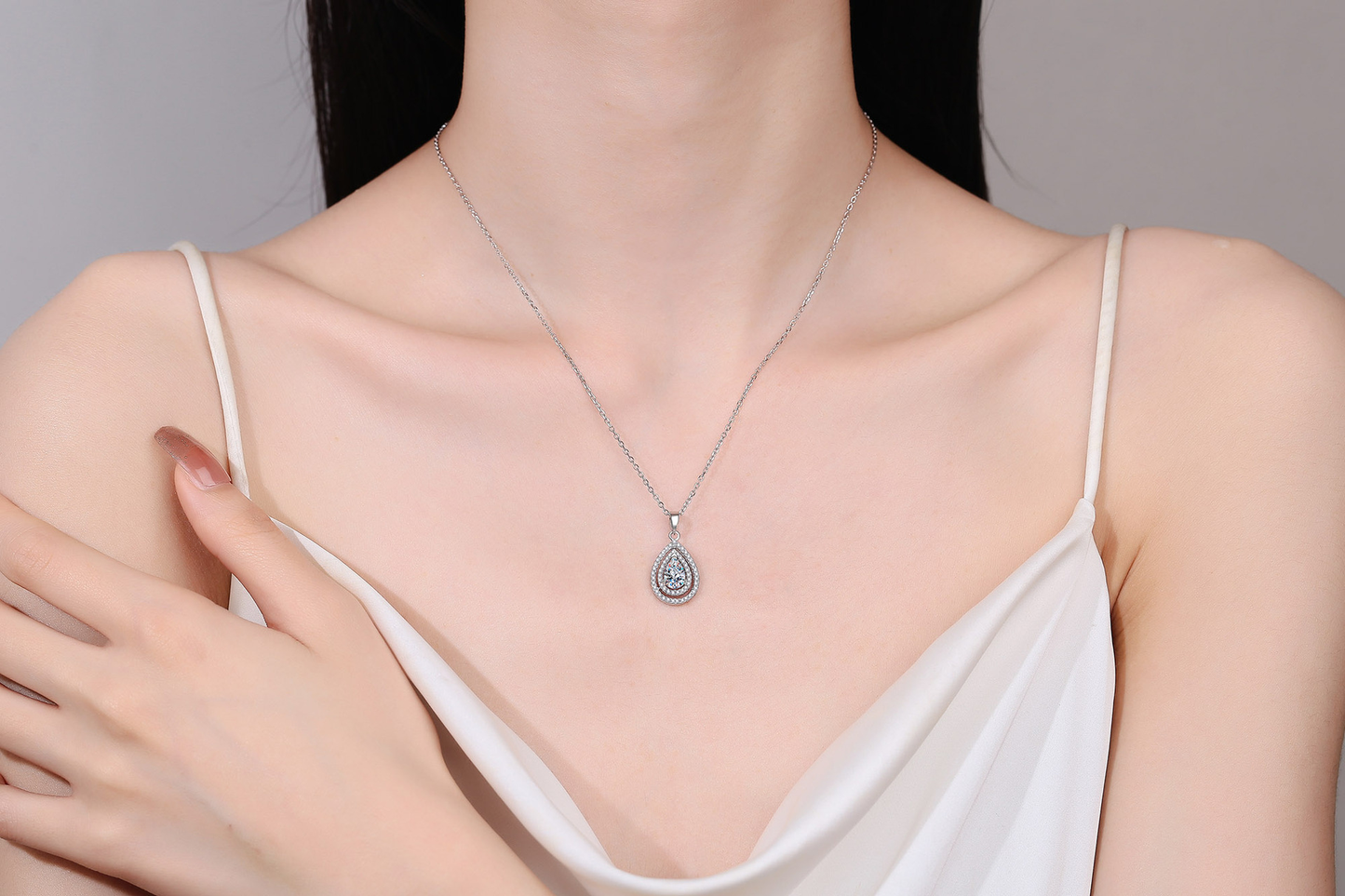 925 Sterling Silver Pear Moissanite Double Halos Necklace