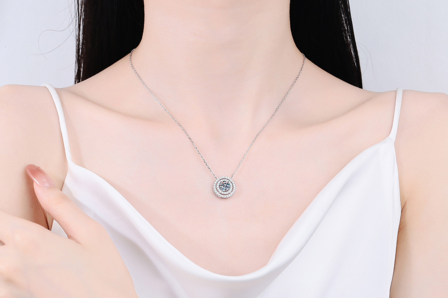 925 Sterling Silver Round Moissanite Double Halos Necklace