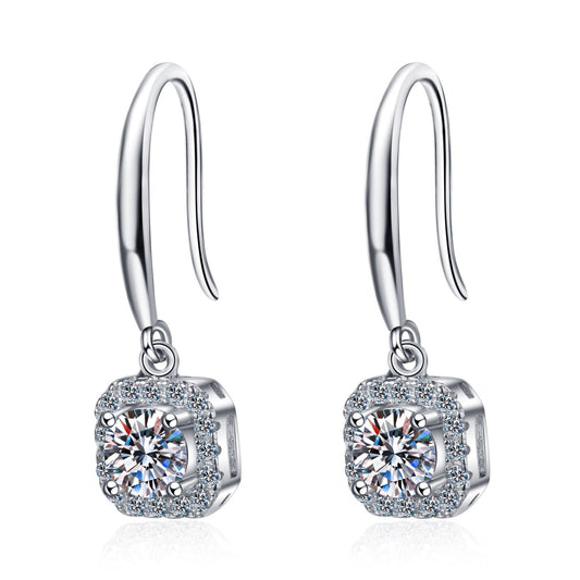 925 Sterling Silver Square Halo Round Moissanite Hoop Earrings