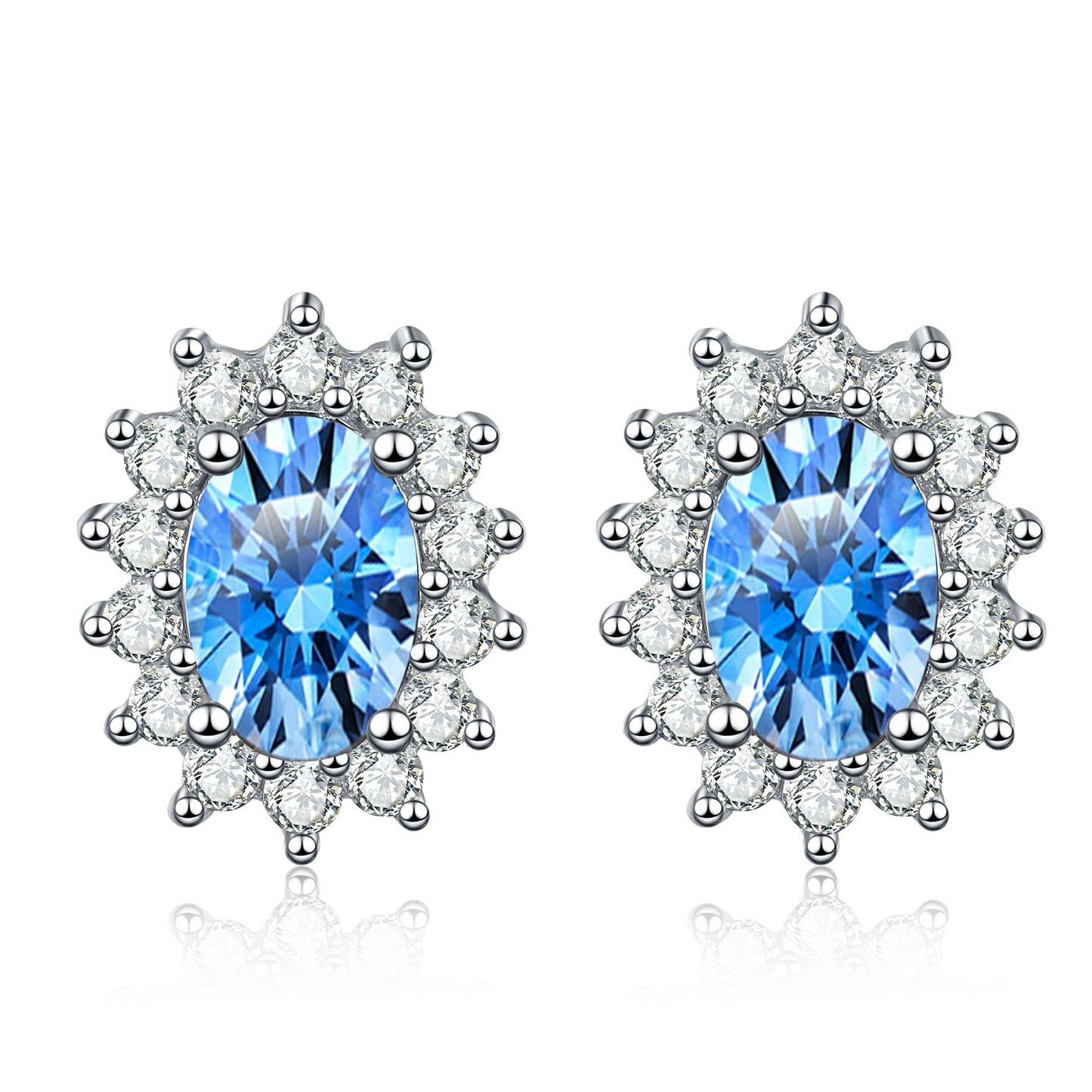 925 Sterling Silver Blue Oval Halo Moissanite Stud Earrings