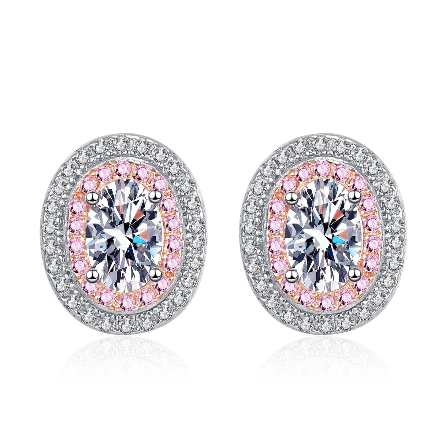 925 Sterling Silver Double Halo Oval Moissanite Stud Earrings