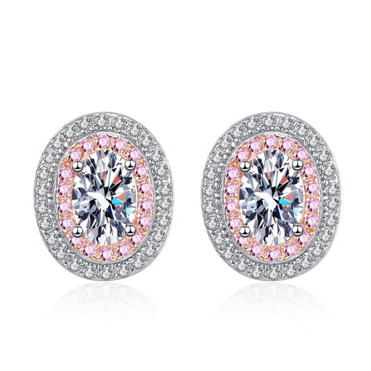 925 Sterling Silver Double Halo Oval Moissanite Stud Earrings