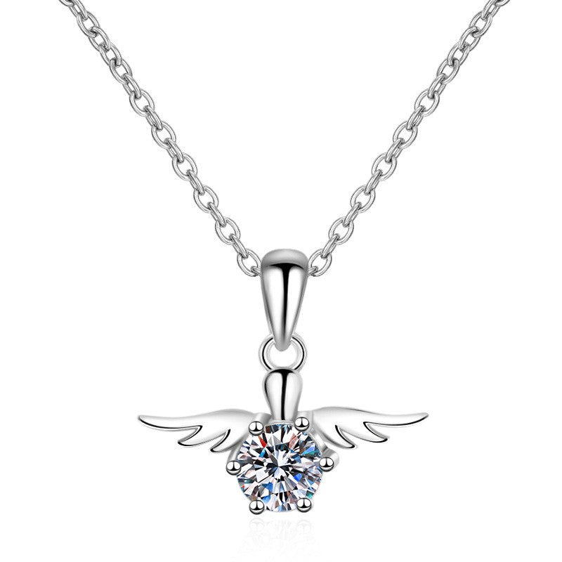 925 Sterling Silver Moissanite Angle Wings Pendant Necklace