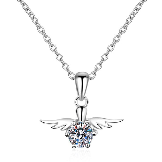 925 Sterling Silver Moissanite Angle Wings Pendant Necklace