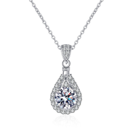 925 Sterling Silver Moissanite Drop Water Halo Pendant Necklace