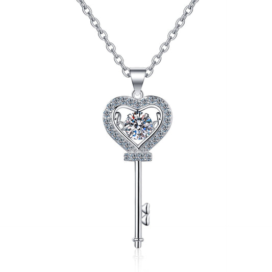 925 Sterling Silver Moissanite Heart Key Pendant Necklace