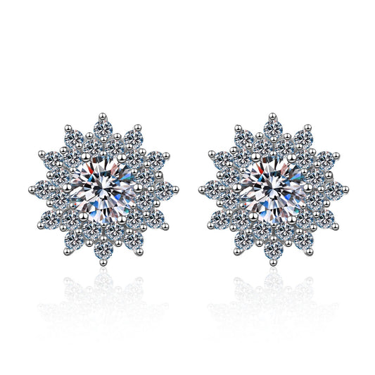 925 Sterling Silver Moissanite Double Halo Flower Stud Earrings