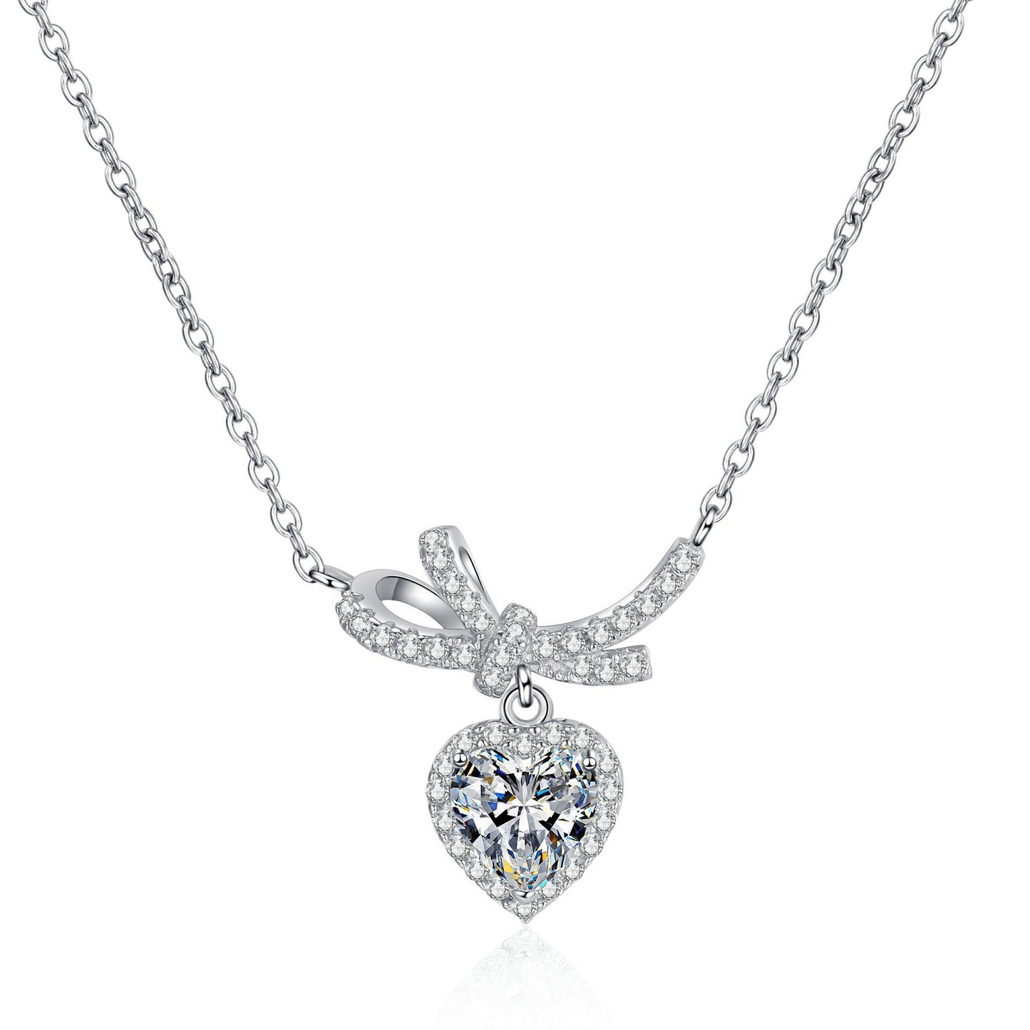 925 Sterling Silver Moissanite Bowknot Heart Necklace