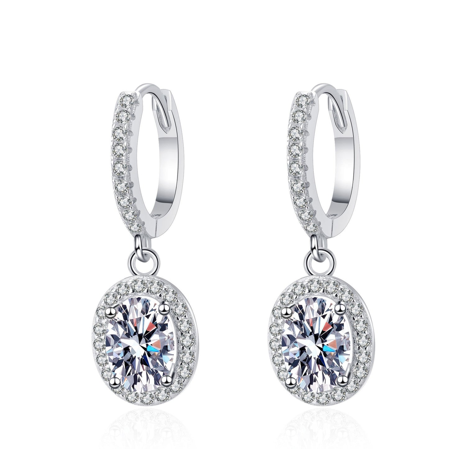 925 Sterling Silver Huggie Oval Halo Moissanite Drop Earrings