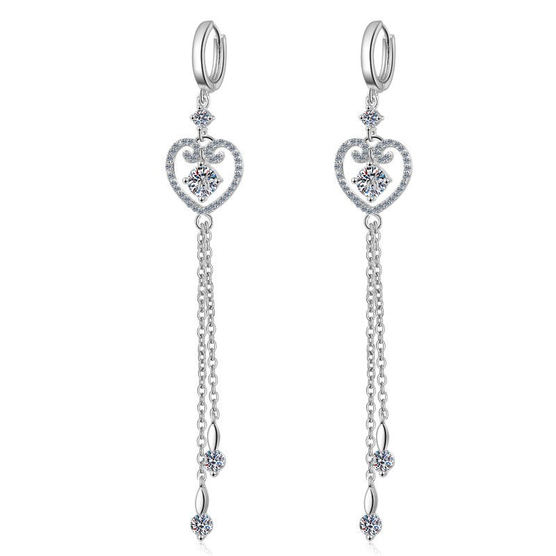 925 Sterling Silver Moissanite Heart Long Chain Hoop Earrings