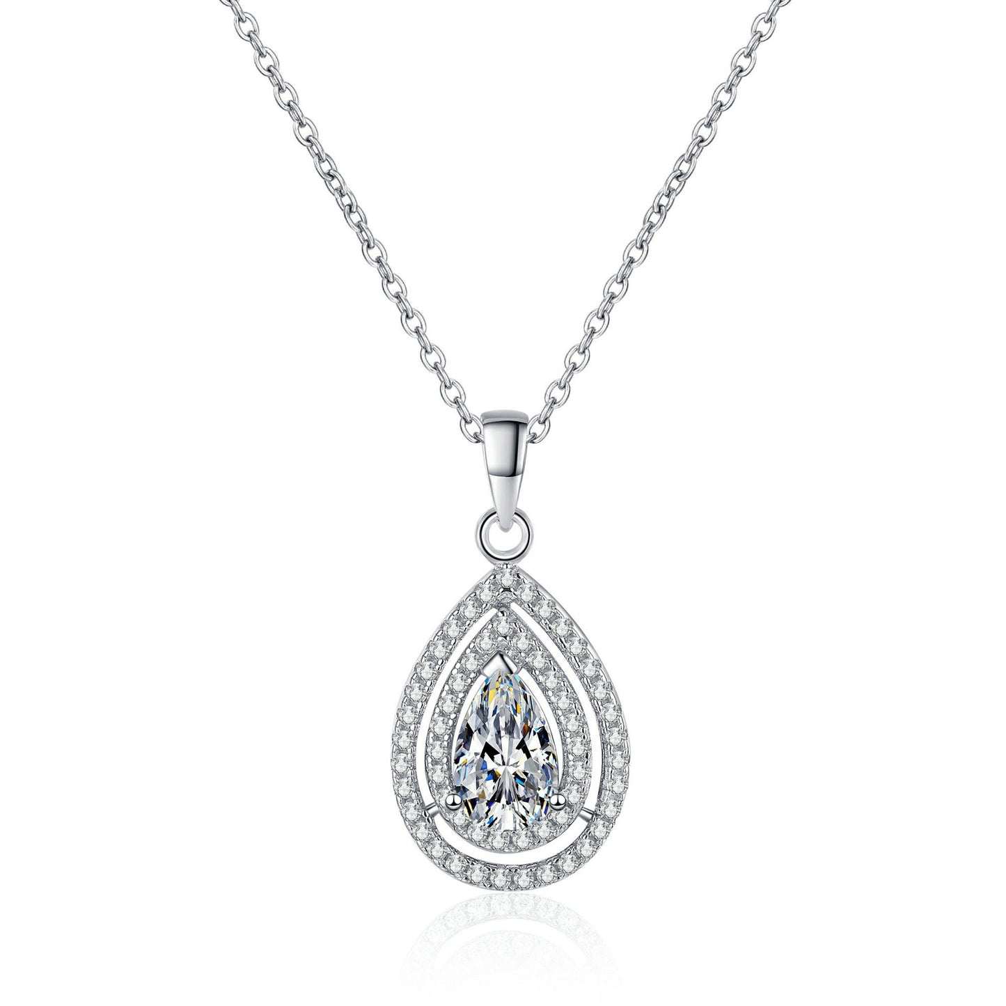 925 Sterling Silver Pear Moissanite Double Halos Necklace