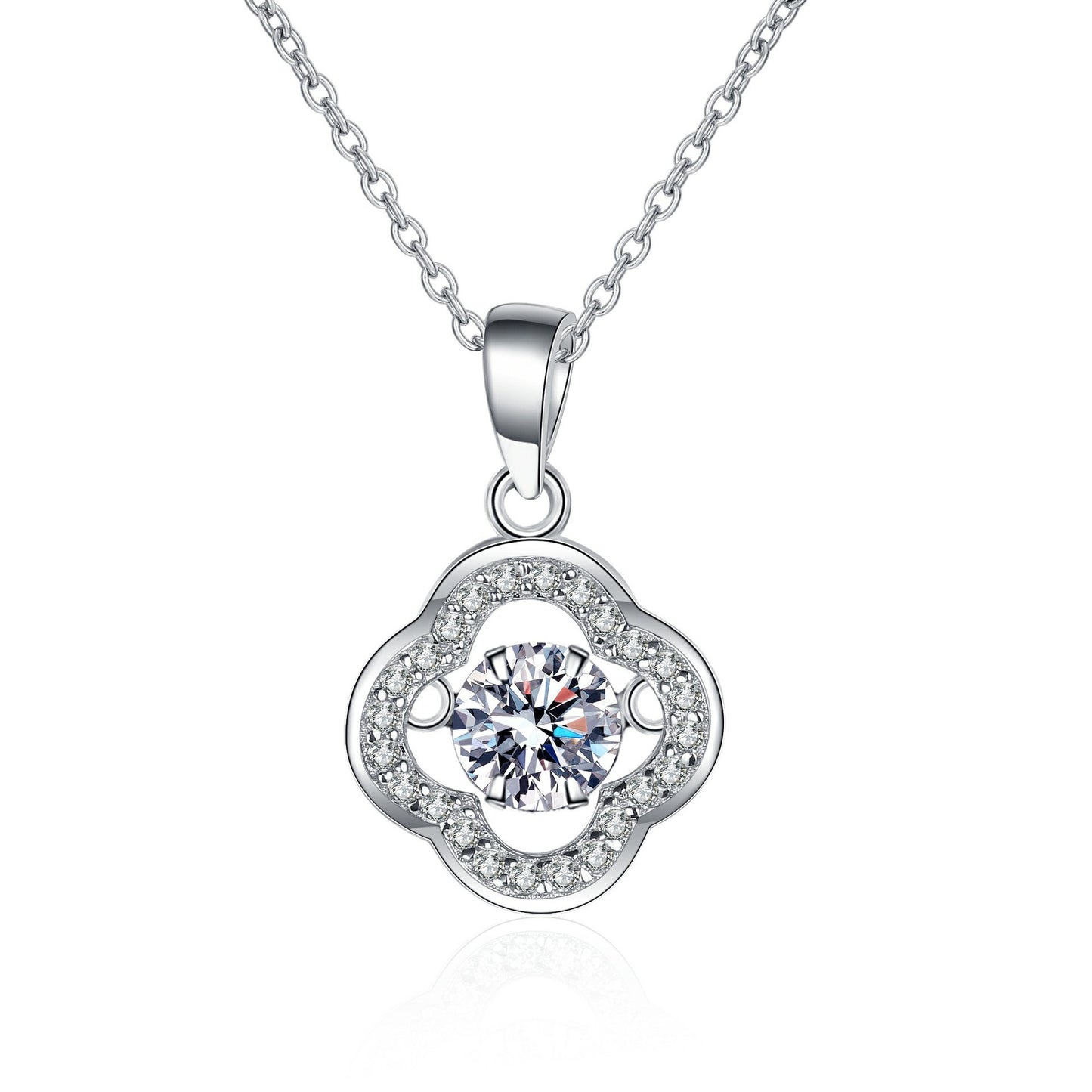 925 Sterling Silver Dancing Moissanite Lucky Four Leaf Pendant Necklace