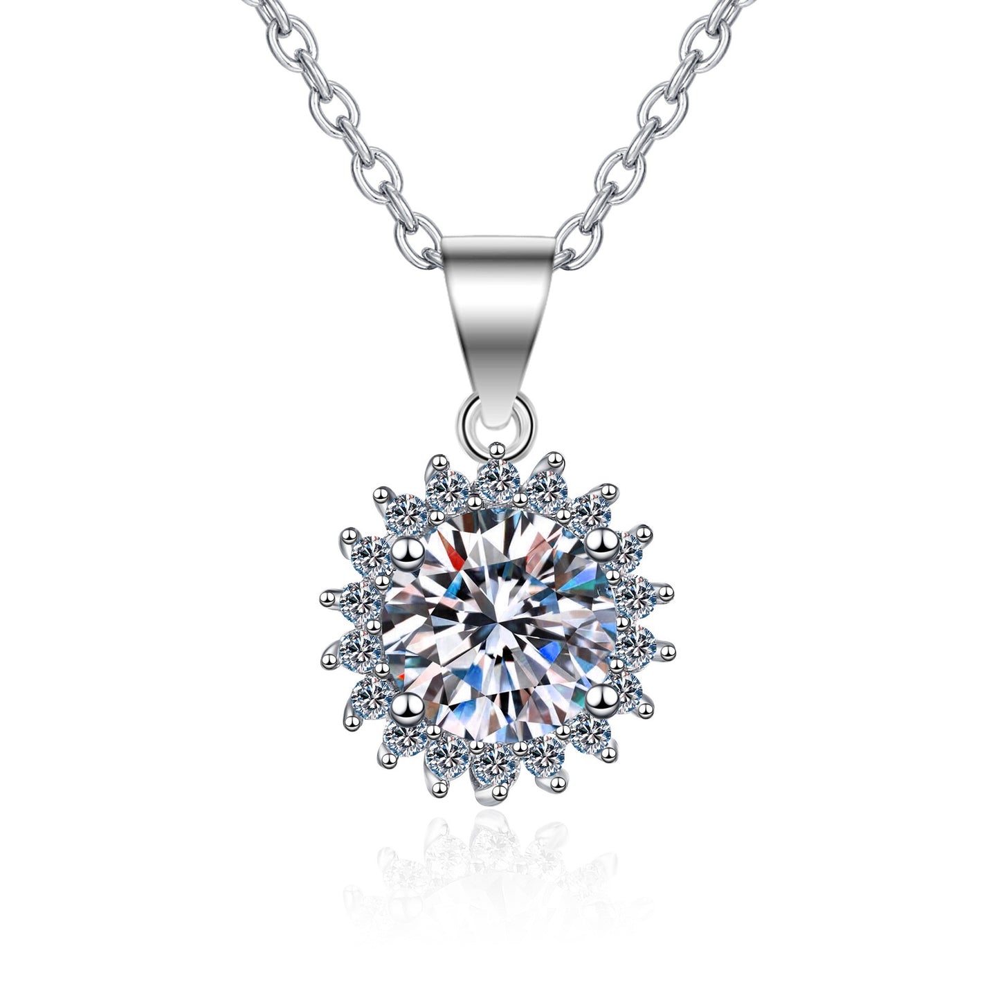 925 Sterling Silver Round Moissanite Flower Halo Pendant Necklace