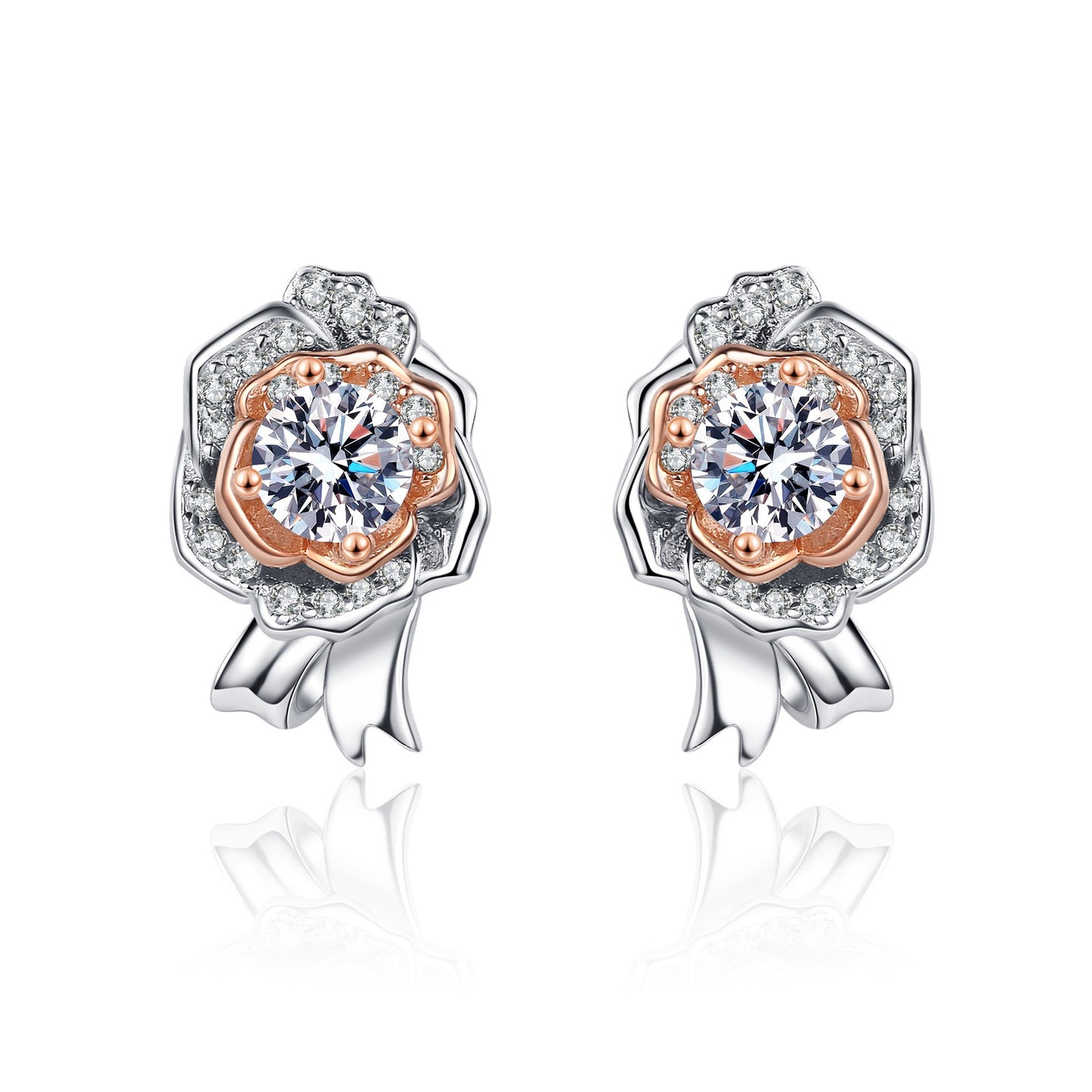 925 Sterling Silver Moissanite Flower Rosegold and White Gold Plated Stud Earrings