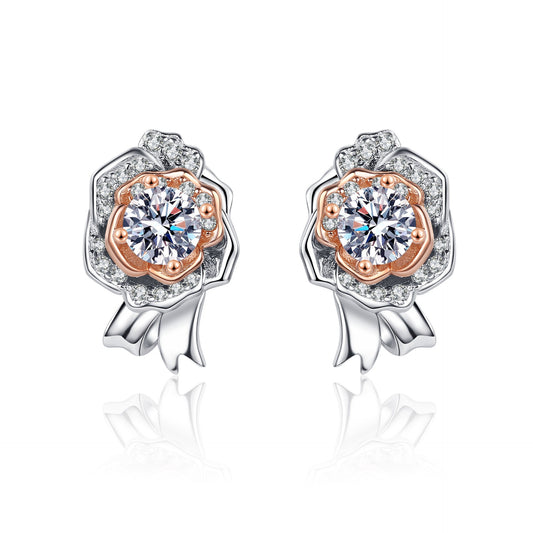 925 Sterling Silver Moissanite Flower Rosegold and White Gold Plated Stud Earrings