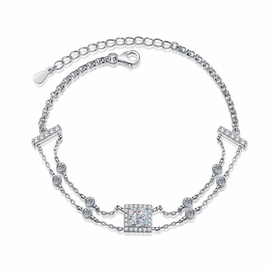 925 Sterling Silver Princess Moissanite Two layers Bracelet with Extension Chain for Women Girl