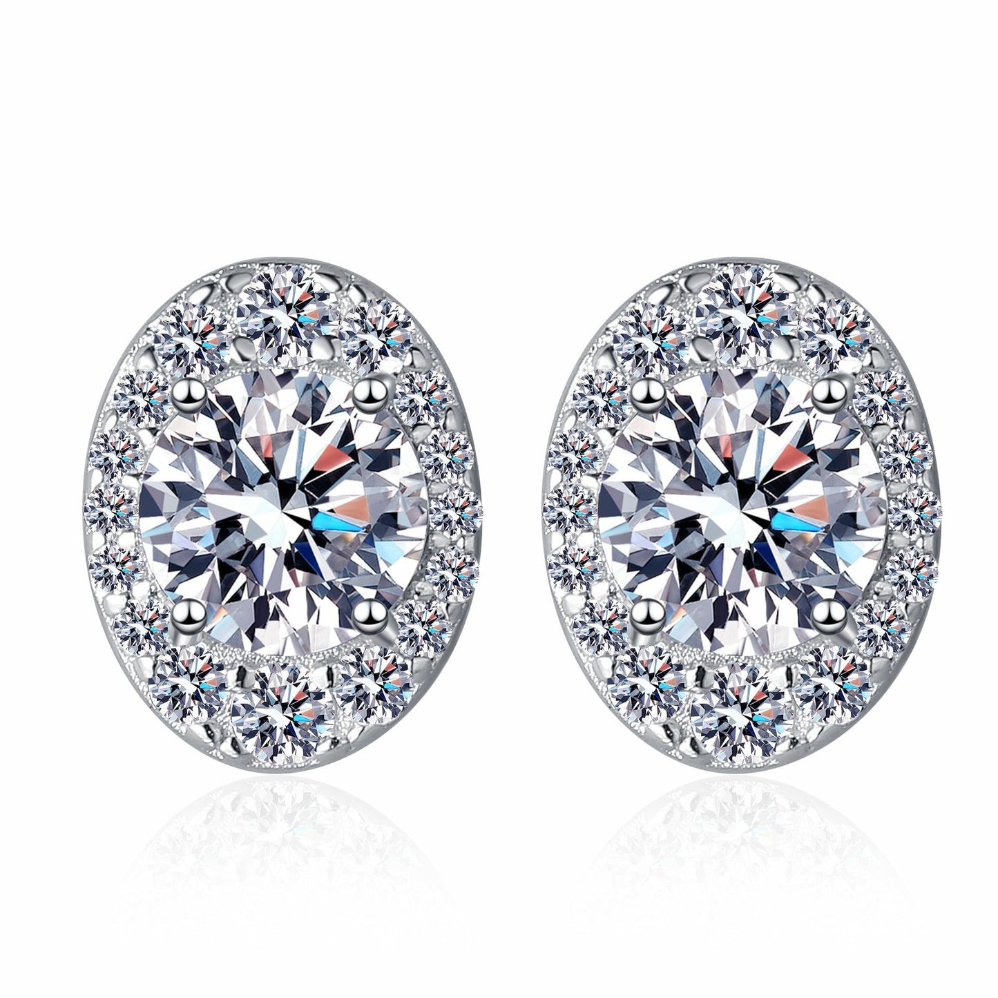 925 Sterling Silver Oval Shape Halo Moissanite Stud Earrings