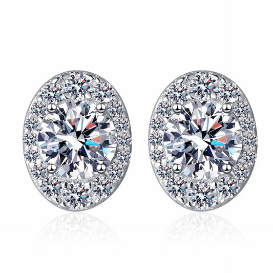 925 Sterling Silver Oval Shape Halo Moissanite Stud Earrings