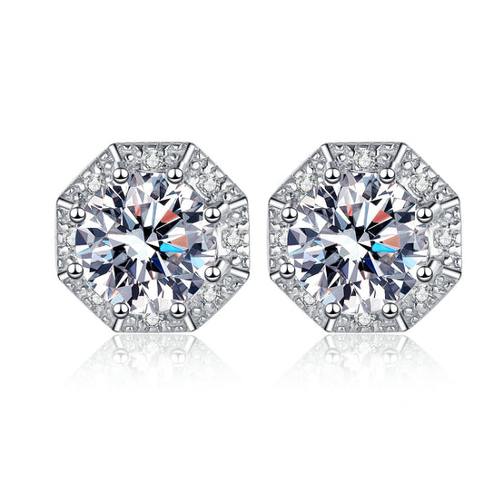 925 Sterling Silver Round Moissanite Halo Geometric Dainty Stud Earrings