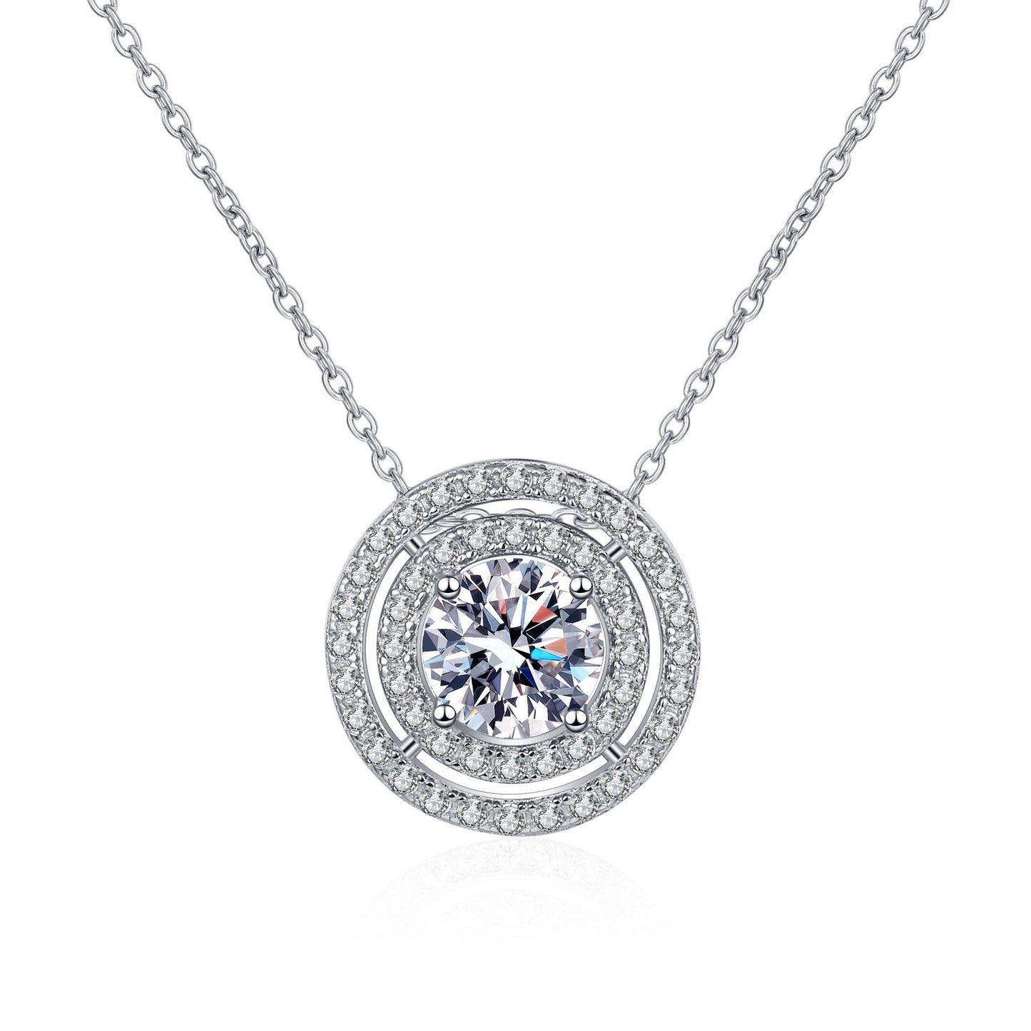 925 Sterling Silver Round Moissanite Double Halos Necklace