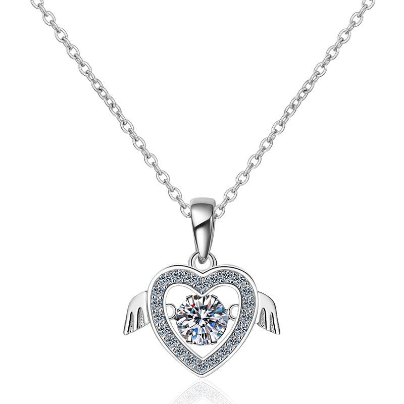 925 Sterling Silver Moissanite Heart Wings Pendant Necklace