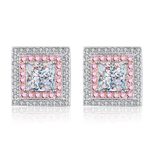 925 Sterling Silver Princess Cut Double Halo Moissanite Stud Earrings