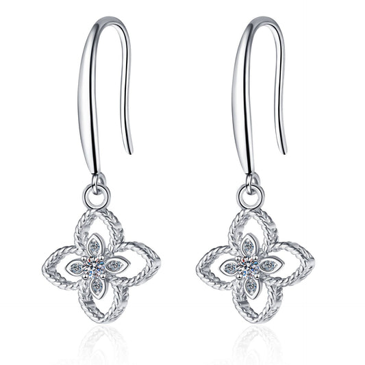 925 Sterling Silver Moissanite Four Leaf Flower Hoop Earrings