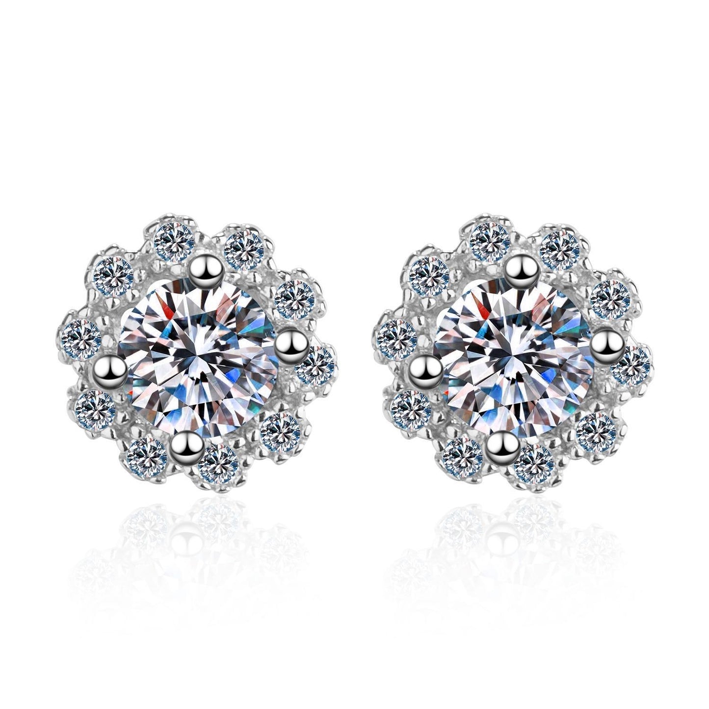 925 Sterling Silver Round Moissanite Halo Flower Stud Earrings