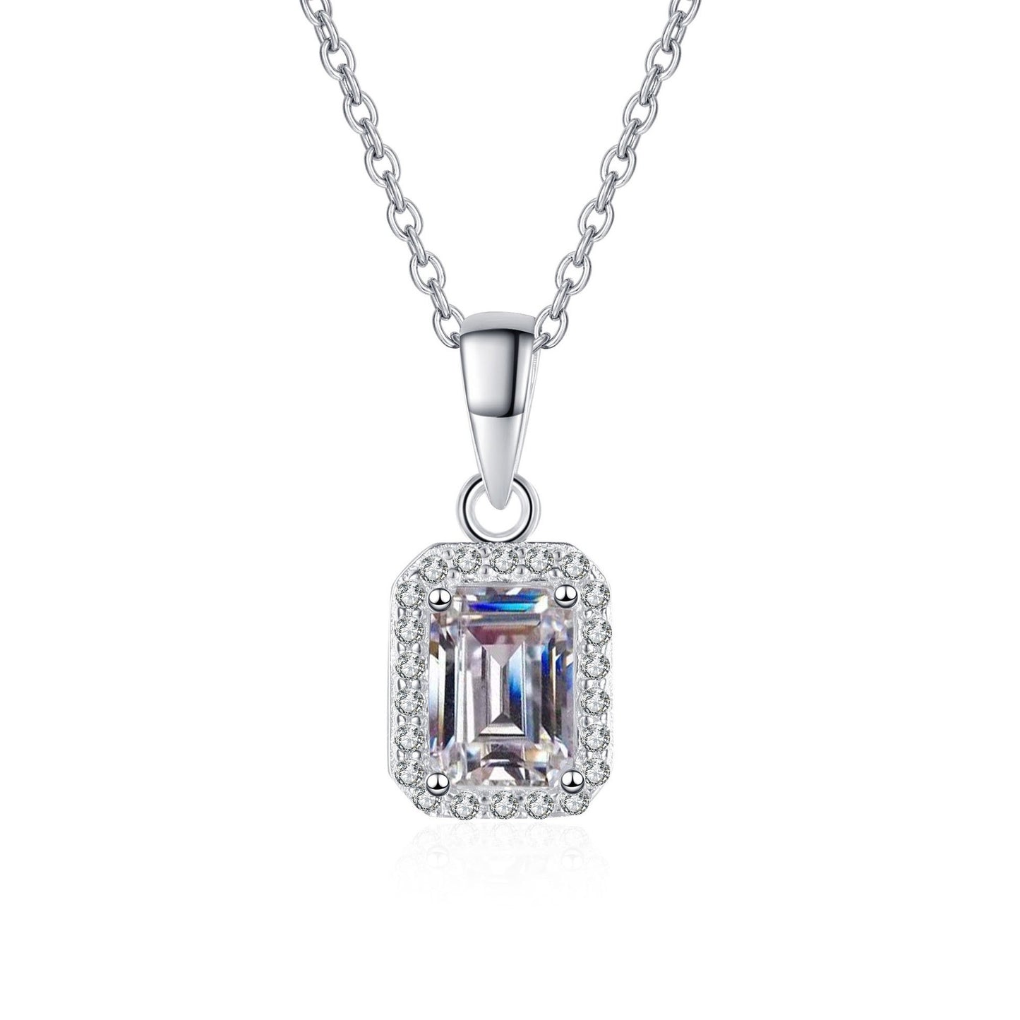 925 Sterling Silver Radiant/Emerald Halo Moissanite Pendant Necklace