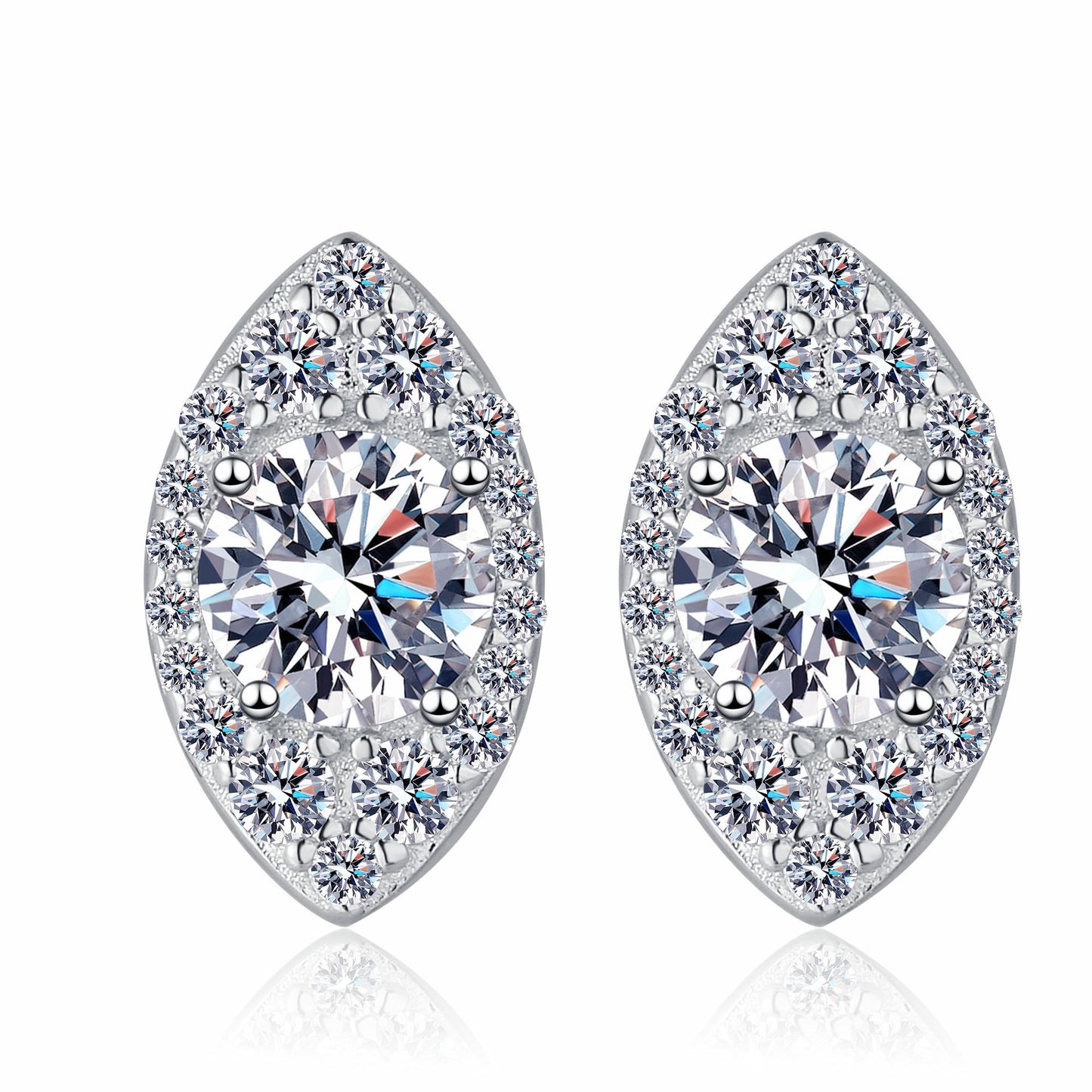 925 Sterling Silver Marquise Shape Halo Moissanite Stud Earrings