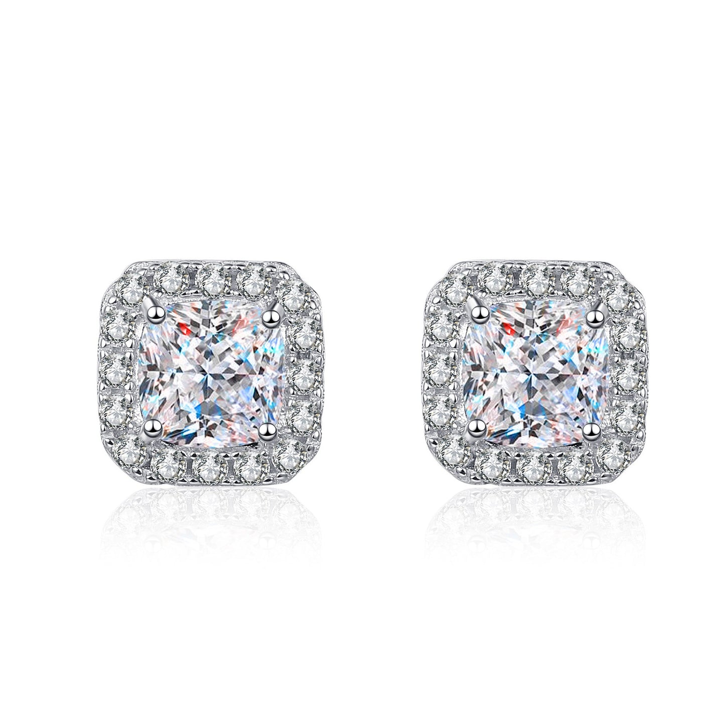 925 Sterling Silver Square Cushion Cut Halo Moissanite Stud Earrings