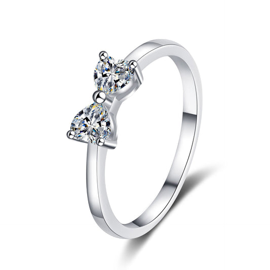 925 Sterling Silver Moissanite Two Hearts Bowknot Ring