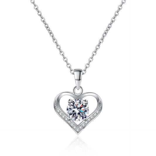 925 Sterling Silver Round Moissanite Heart Pendant Necklace