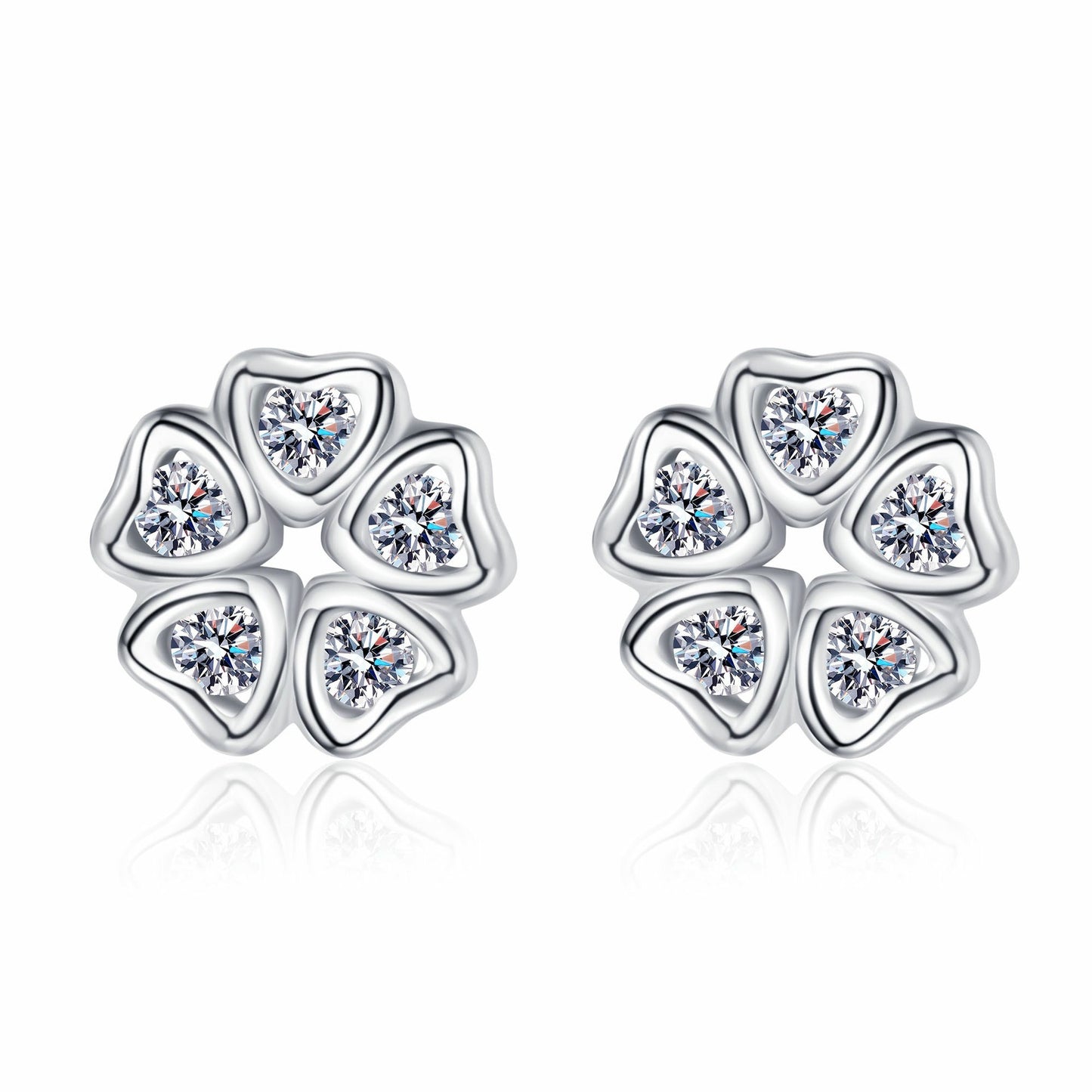 925 Sterling Silver Moissanite Heart Flower Stud Earrings