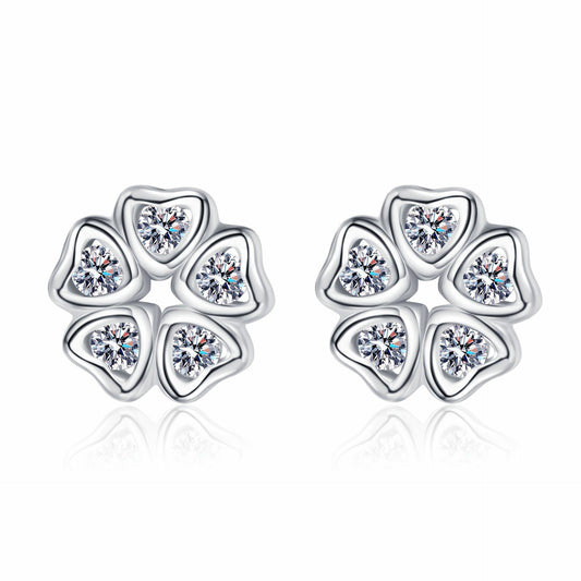 925 Sterling Silver Moissanite Heart Flower Stud Earrings