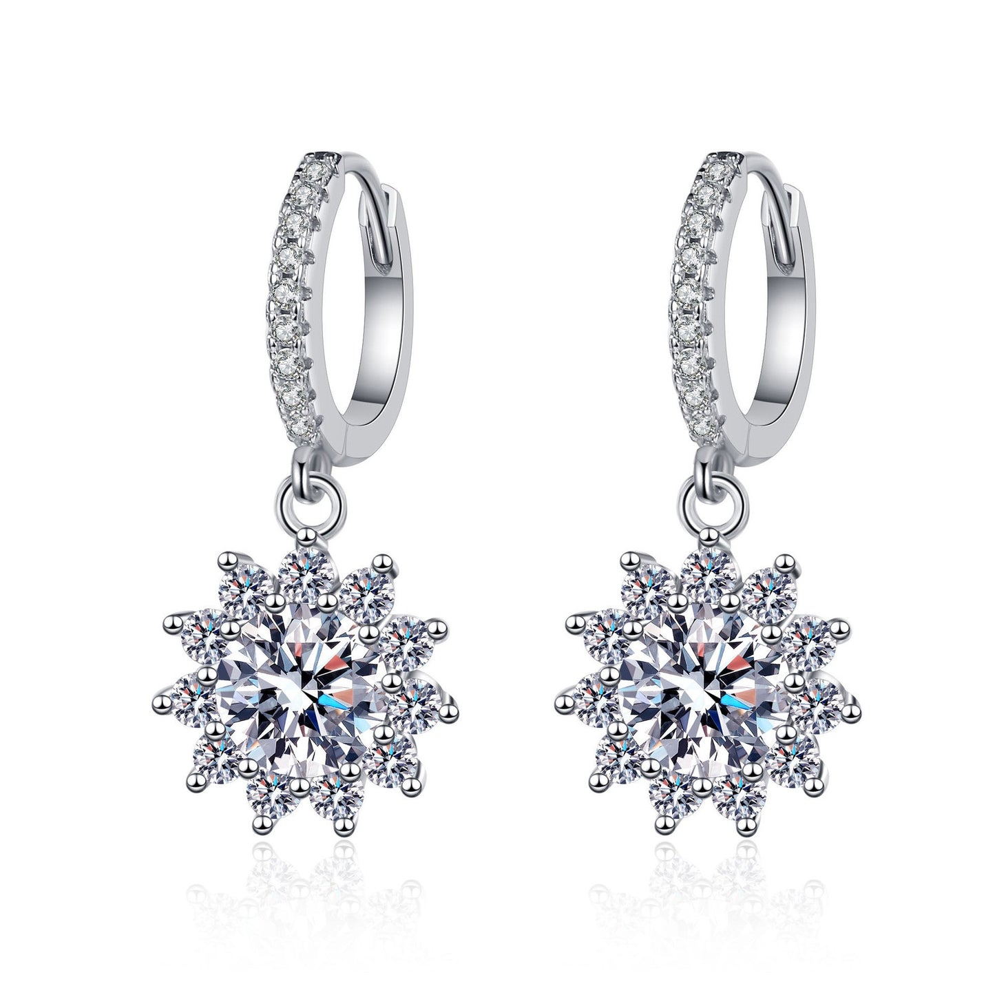 925 Sterling Silver Moissanite Flower Halo Drop Earrings