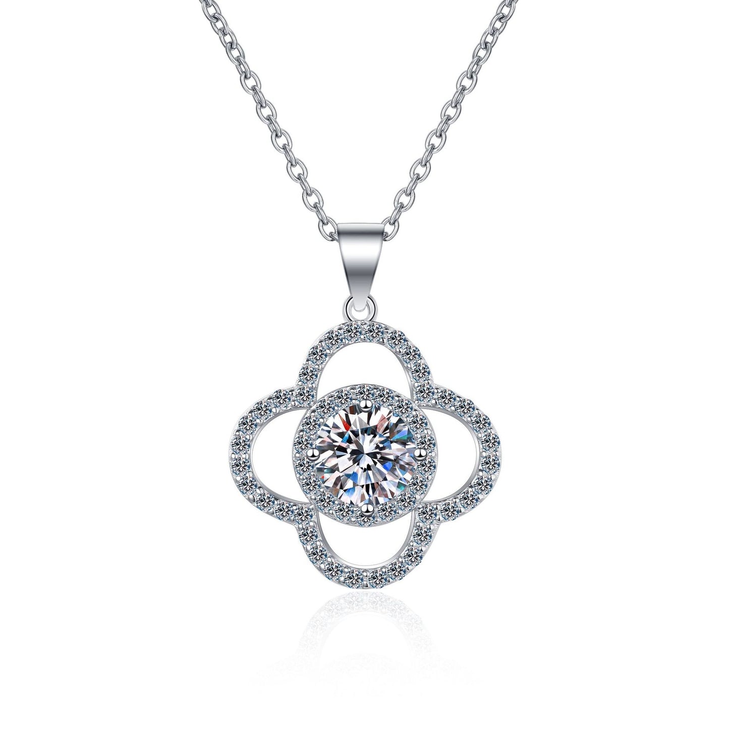 925 Sterling Silver Moissanite  Four Leaf Halo Pendant Necklace