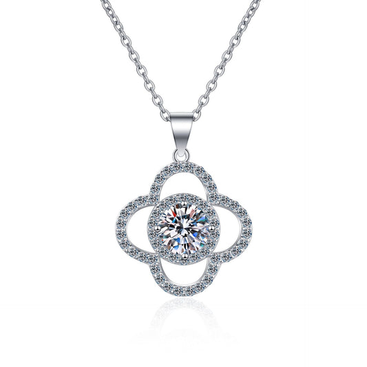 925 Sterling Silver Moissanite  Four Leaf Halo Pendant Necklace