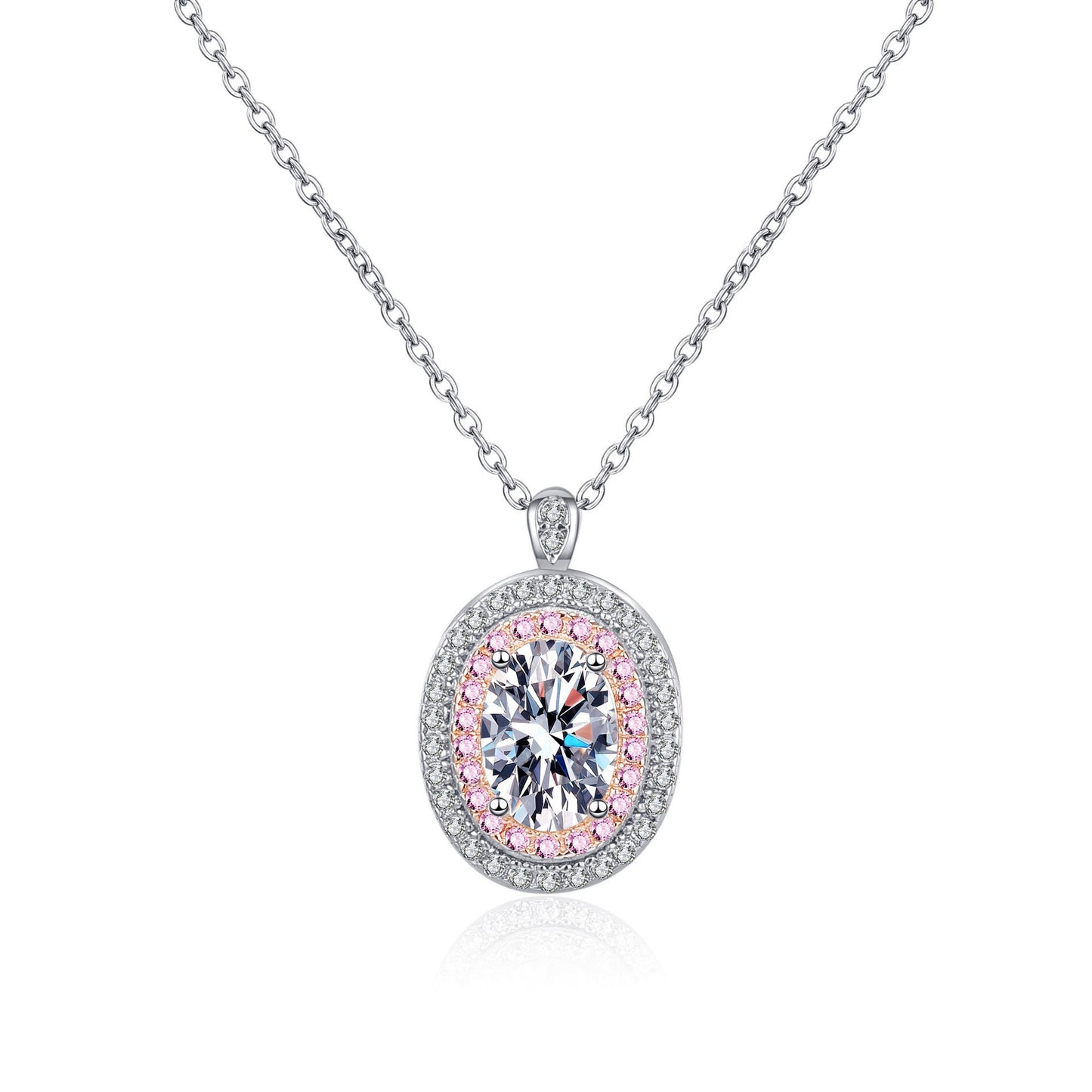 925 Sterling Silver Double Halo Oval Moissanite Pink Necklace