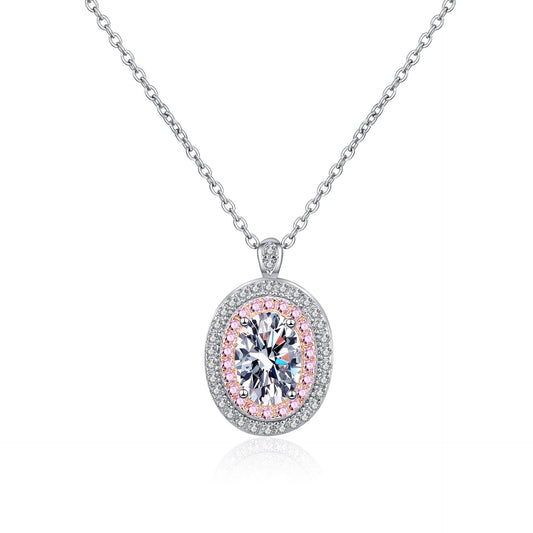 925 Sterling Silver Double Halo Oval Moissanite Pink Necklace