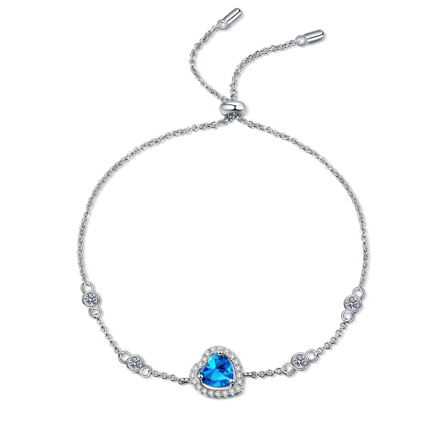 925 Sterling Silver White/Blue Moissanite Heart Adjustable Bracelet for Women Girls