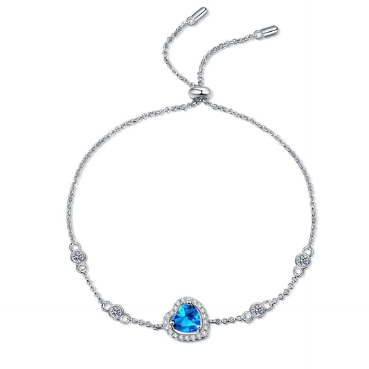 925 Sterling Silver White/Blue Moissanite Heart Adjustable Bracelet for Women Girls