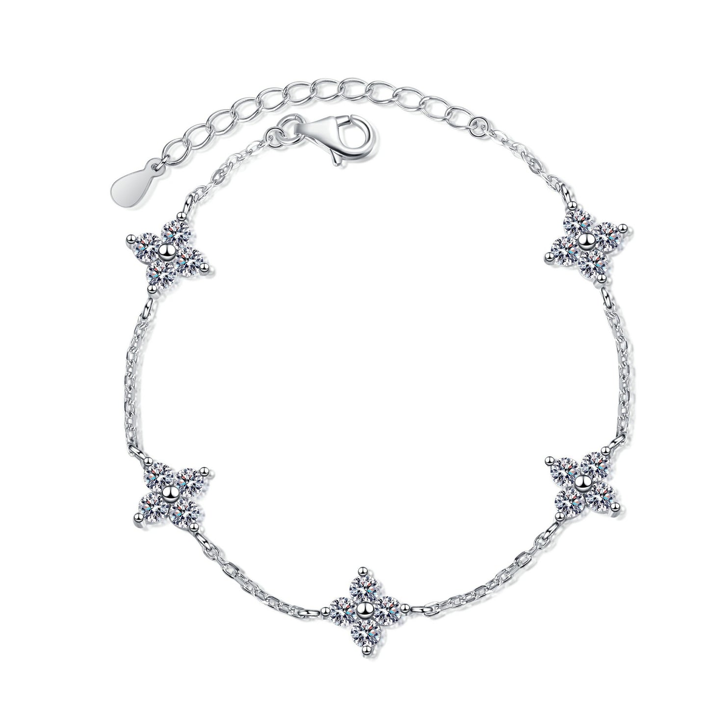 925 Sterling Silver Moissanite Four Leaf Clover Bracelet Plated PT950 with Extension Chain for Women Girls