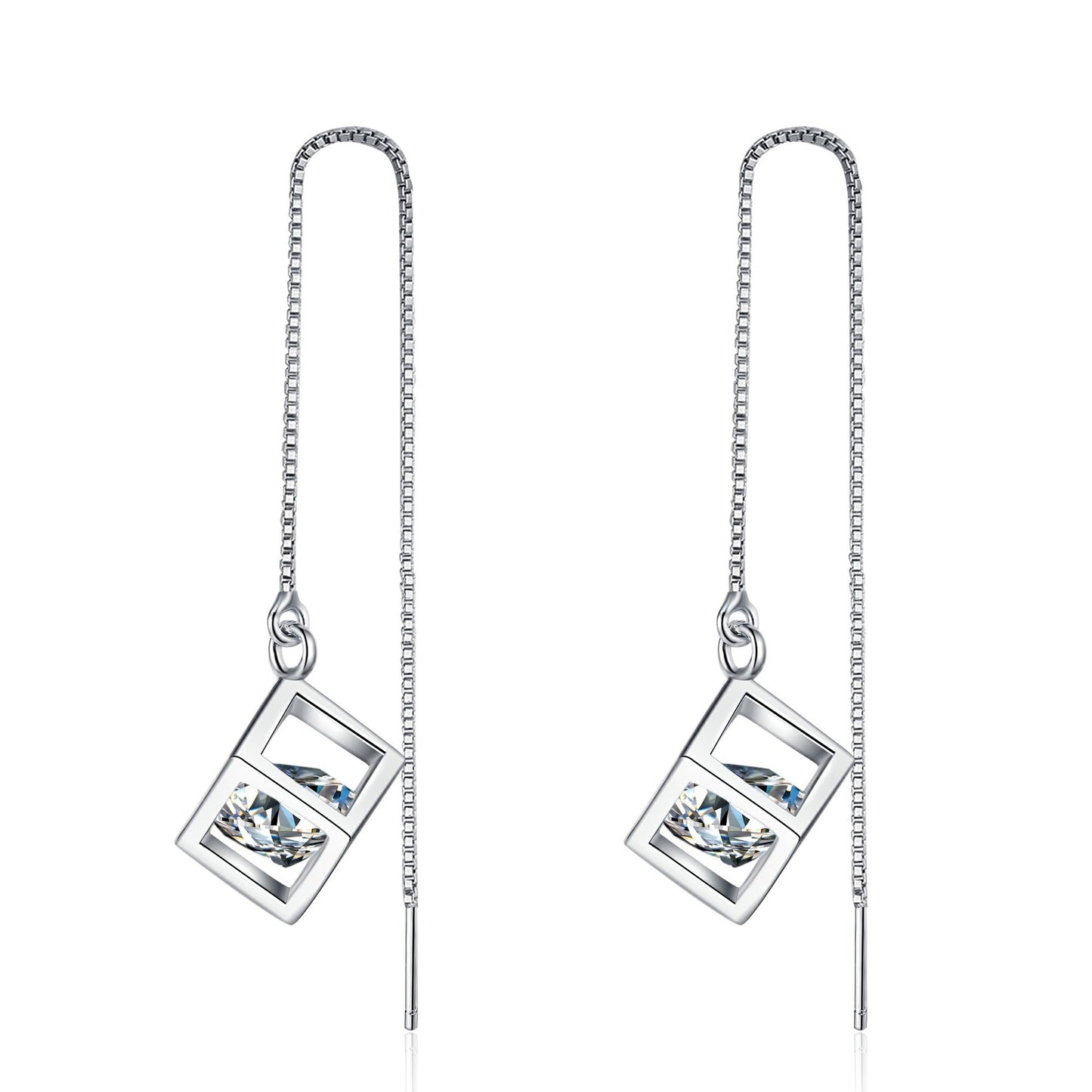 925 Sterling Silver Moissanite Cube Box Long Chain Earrings