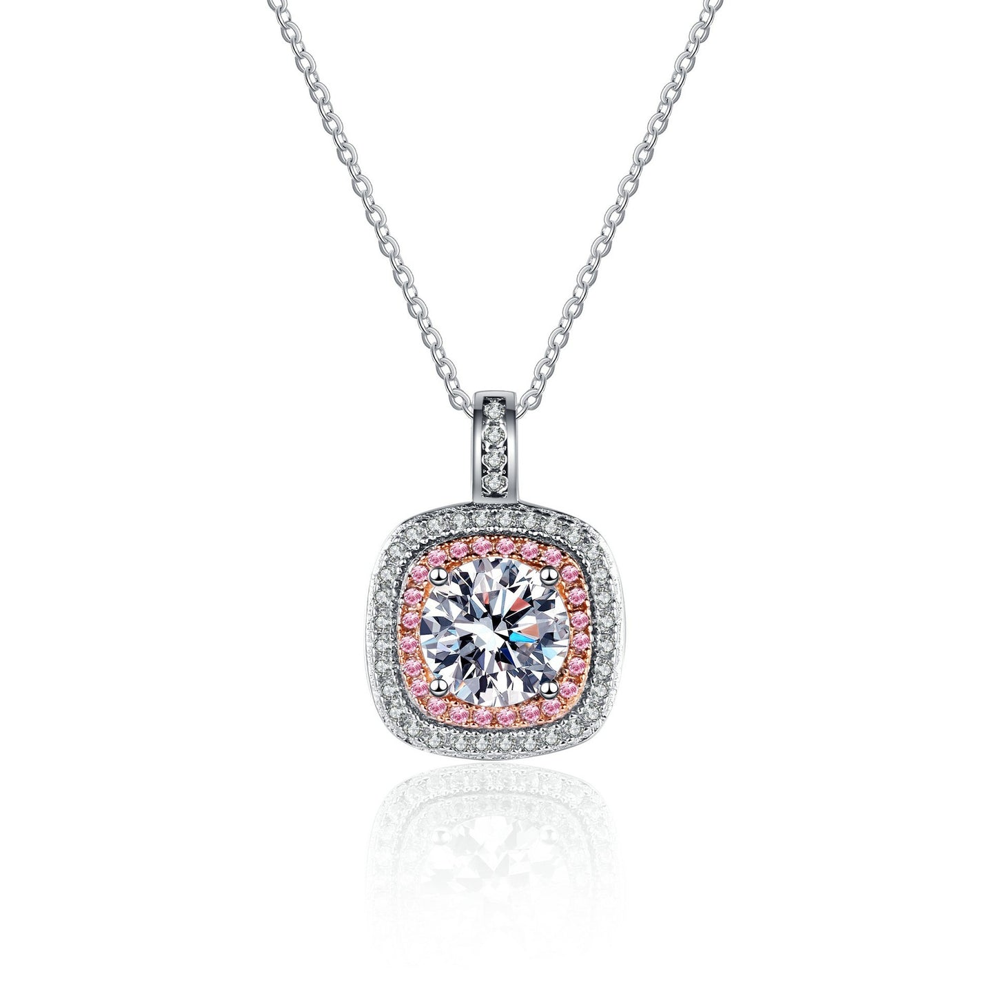 925 Sterling Silver Moissanite Double Square Halo Pendant Necklace